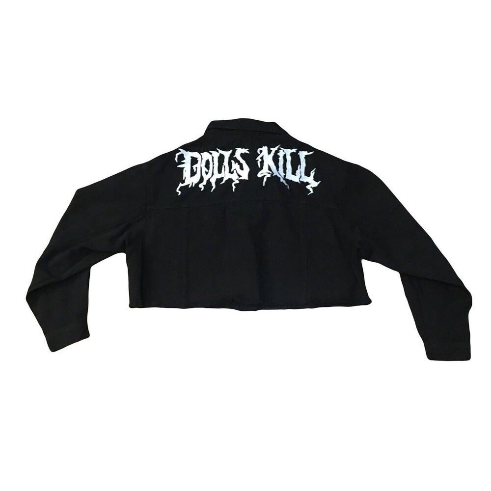 DOLLS KILL SMALL oversized Black Denim Crop Jacket Embroidered Logo NEW